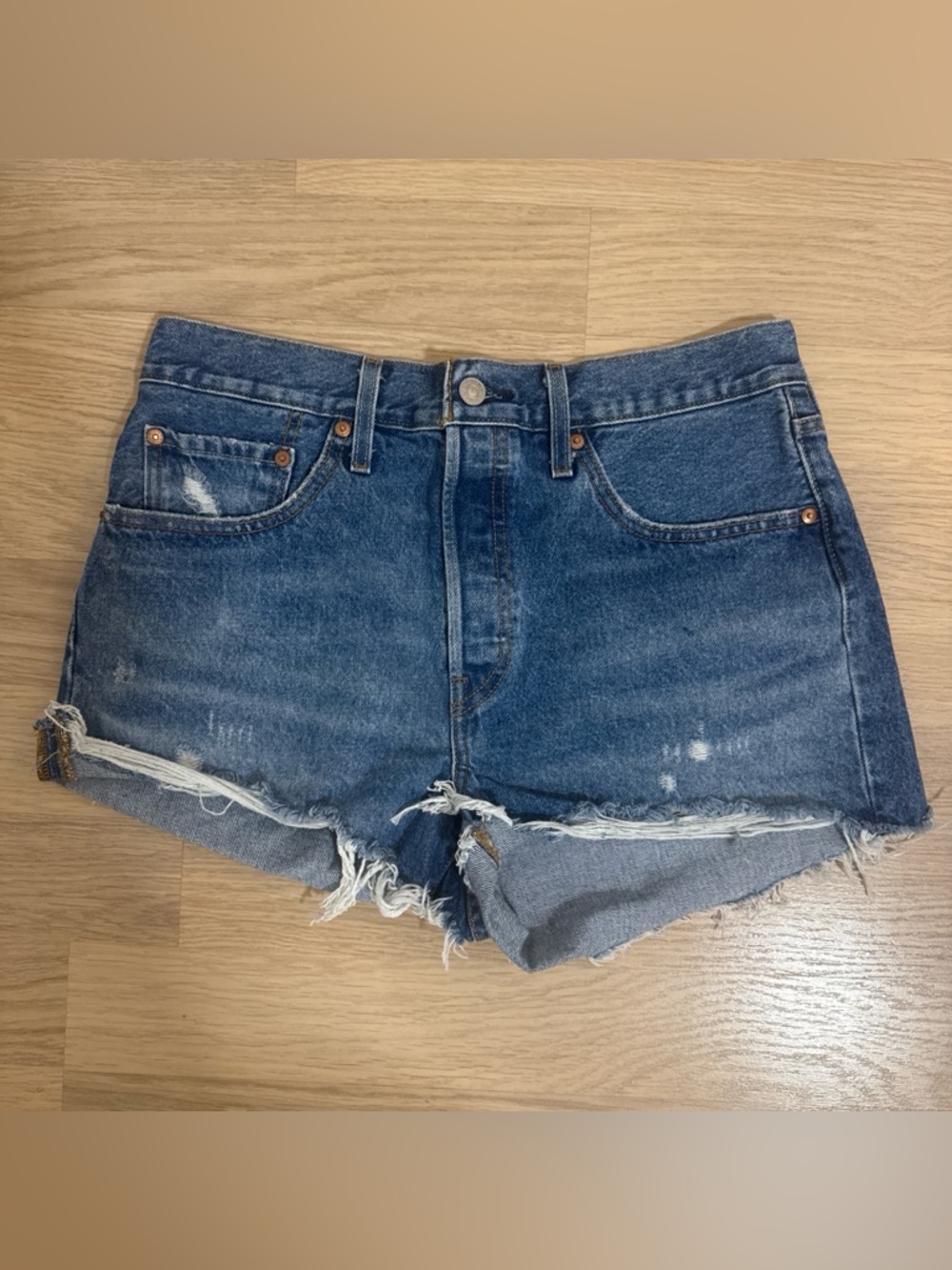 Levi's Distressed Mid-Blue Denim Cutoff Shorts